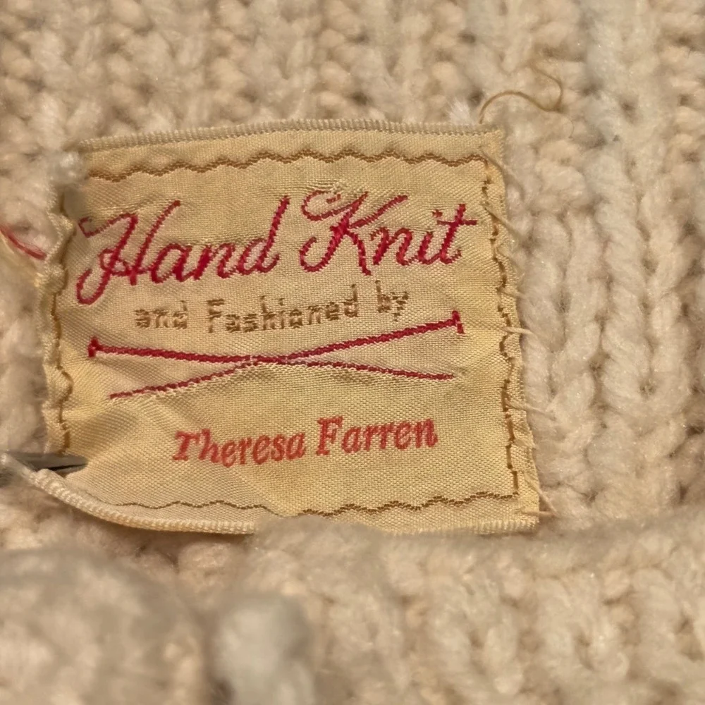 Theresa Farren Hand Knit Wool Aran Cardigan Cream Cable Bobble Fisherman Sweater - Picture 8 of 11